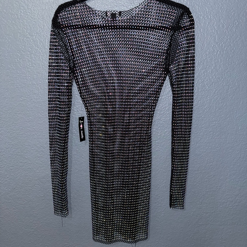 J for Justify Black Rhinestone Mesh Long Sleeve Mini Dress